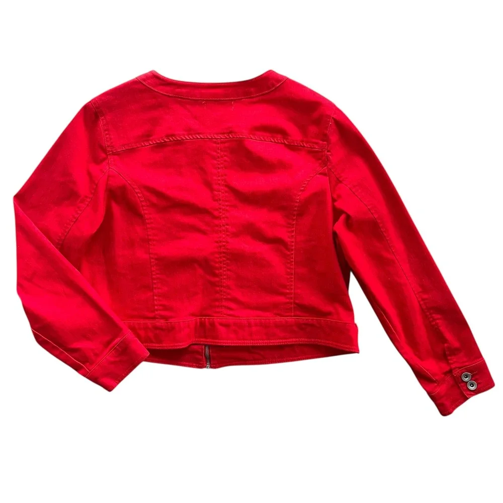 Jessica London Women 14 Red Denim Cotton Blend Full Zip Ruffle Front Jean Jacket